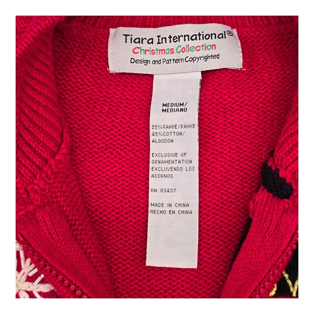 Tiara International Christmas Cardigan Sweater Red Medium Embroidered Full Zip - Picture 6 of 16